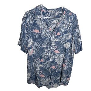 Ron Jon Surf Shop Shirt Men's Large Blue Floral Flamingo Button Up Short Sleeve